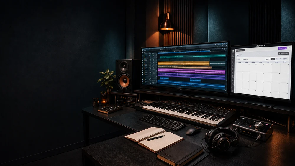 Audio production workspace with WOLFLOW planning